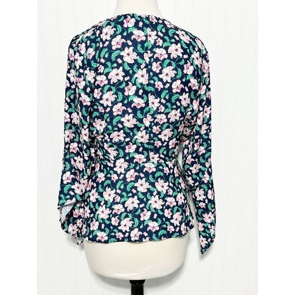 Betabrand Women's Floral Wrap Side Tie Bell‎ Sleeve Blouse Navy Pink Size Large - Picture 5 of 11